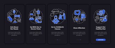Gebelik desteği mobil uygulama sayfası ekranında. Sağlıklı diyet yürüyüşüne dikkat edin. Kavramlarla birlikte 5 adımlık grafik talimatlar. UI, UX, doğrusal gece kipi çizimleri ile GUI vektör şablonu