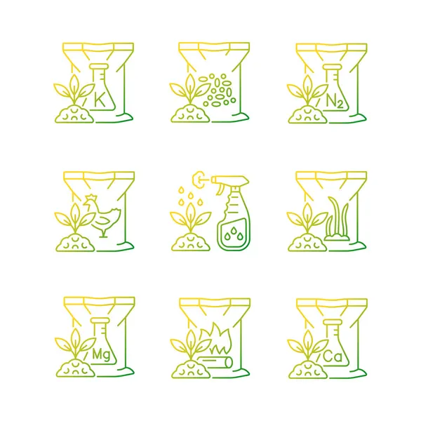 Granüler gübreler doğrusal vektör simgeleri ayarlandı. Toprak için kuru besinler. Bitkiler büyür ve gelişir. İnce çizgili sembol demetleri. İzole edilmiş taslak illüstrasyon koleksiyonu
