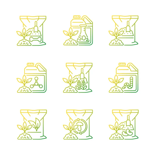 Doğal gübreler doğrusal vektör simgeleri ayarlandı. Zemin ve bitkiler için organik katkı maddeleri. Büyüme artıyor. İnce çizgili sembol demetleri. İzole edilmiş taslak illüstrasyon koleksiyonu