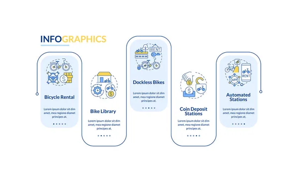 自行车共享服务矢量信息图形模板 自行车租赁演示设计要点 数据可视化有五个步骤 处理时间表信息图表 具有行图标的工作流布局 — 图库矢量图片