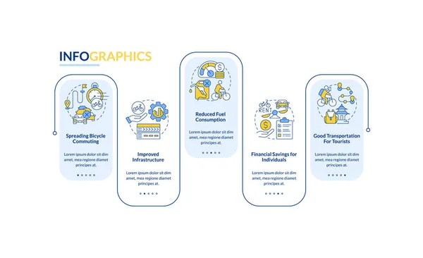 Bike Share Pros Vector Infographic Template 财务节约列报概述了设计要素 数据可视化有五个步骤 处理时间表信息图表 具有行图标的工作流布局 — 图库矢量图片