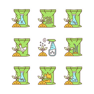 Granüler gübreler RGB renk simgeleri seti. Toprak için kuru besinler. Bitkiler büyür ve gelişir. İzole vektör çizimleri. Basit çizgi çizimleri koleksiyonu. Düzenlenebilir vuruş