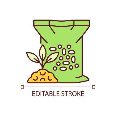 Granüler gübre RGB renk simgesi. Bitkiler büyüyor. Çimenler ve ekinler besleniyor. Yer için takviye, mineraller. İzole vektör çizimi. Basit bir çizgi çizimi. Düzenlenebilir vuruş
