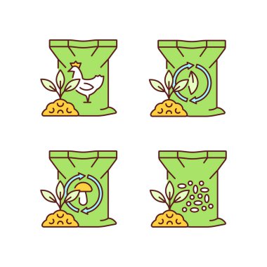 Yan ürün gübreleri RGB renk simgeleri seti. Toprak için organik takviyeler. Doğal toz katkı maddeleri. İzole vektör çizimleri. Basit çizgi çizimleri koleksiyonu. Düzenlenebilir vuruş