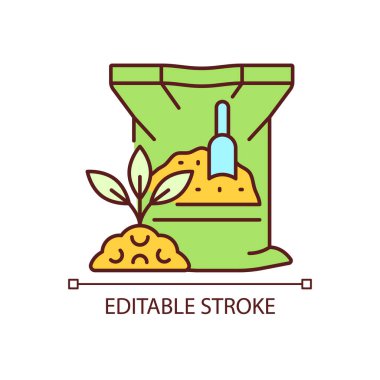 Kuru gübre RGB renk simgesi. Bitkiler ve ekinler için ekin karışımı. Kimyasal ve organik besinler. Büyüme artıyor. İzole vektör çizimi. Basit bir çizgi çizimi. Düzenlenebilir vuruş