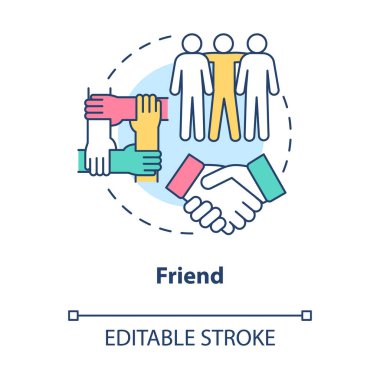 Arkadaş konsepti ikonu için sosyal katılım. Arkadaşlık ilişkileri toplumda soyut fikir ince çizgili resimlerde rol alır. Vektör izole edilmiş dış hat renk çizimi. Düzenlenebilir vuruş