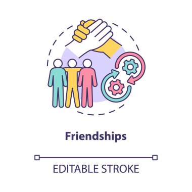 Arkadaşlık konsepti ikonu. Toplumda ilişkiler tipi. İnsanlar arasındaki iletişimle katılım, grup soyut fikir ince çizgi çizimi. Vektör izole edilmiş dış hat renk çizimi. Düzenlenebilir vuruş