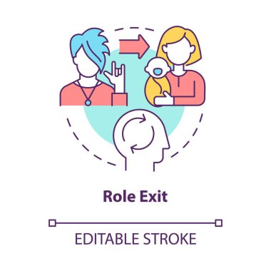 Rol çıkış kavramı simgesi. Toplumdaki başka bir işleve katılım. Kişisel rol aktivitelerini soyut fikirleri ince çizgi çizimlerini değiştirin. Vektör izole edilmiş dış hat renk çizimi. Düzenlenebilir vuruş