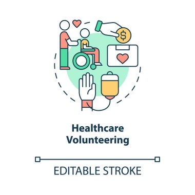 Sağlık hizmeti gönüllü konsept ikonu. Klinik için insani yardım. Hastane soyut fikri için kan bağışı ince çizgi çizimi. Vektör izole edilmiş dış hat renk çizimi. Düzenlenebilir vuruş