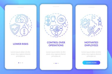 İç büyüme, mobil uygulama sayfa ekranında mavi gradyan avantajı sağlar. 3 aşamalı grafik talimatlar ve kavramlarla yürüyün. UI, UX, doğrusal renk çizimleri olan GUI vektör şablonu