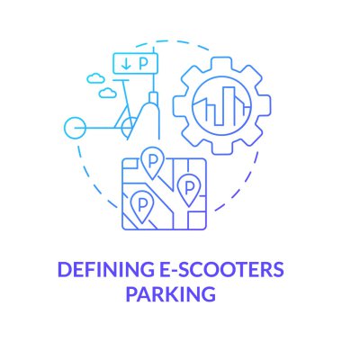Mavi gradyan konsept ikonu park eden e-scooterlar tanımlanıyor. Scooter paylaşım yönetmeliği soyut fikir ince çizgi çizimi. Şarj istasyonları. Kısıtlamaları takip et. Vektör izole edilmiş dış çizgi renk çizimi