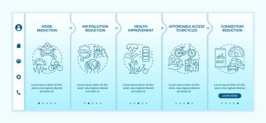 Bisiklet paylaşım şeması hedefleri vektör şablonunda. Simgeli ilgili mobil web sitesi. Web sayfasında 5 basamaklı ekranlar. Doğrusal çizimlerle hava kirliliği azaltma renk kavramı