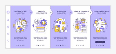 Bisiklet paylaşım avantajları vektör şablonunda. Simgeli ilgili mobil web sitesi. Web sayfasında 5 basamaklı ekranlar. Doğrusal çizimlerle azaltılmış yakıt tüketim rengi kavramı