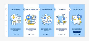Bisiklet paylaşım rehberi vektör şablonunda. Simgeli ilgili mobil web sitesi. Web sayfasında 5 basamaklı ekranlar. Uygulama yükle ve doğrusal resimli en yakın bisiklet rengi konseptini bul