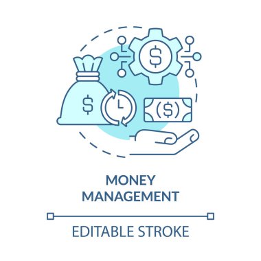 Para yönetimi başlangıç konsepti simgesi. Küçük işletme bütçesi. Finansal planlama başlangıçta soyut fikir ince çizgi illüstrasyonunu başlatıyor. Vektör izole edilmiş dış hat renk çizimi. Düzenlenebilir vuruş