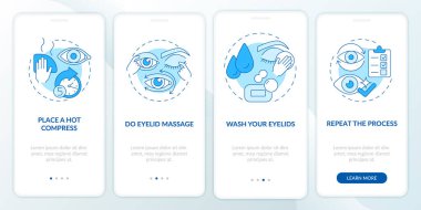 Seyyar uygulama sayfası ekranında göz çevresi temiz. Ameliyat için talimatlar, konseptlerle birlikte dört aşamalı grafik talimatlar. UI, UX, doğrusal renk çizimleri olan GUI vektör şablonu