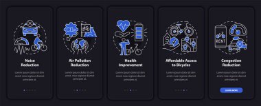 Mobil uygulama sayfası ekranında bisiklet paylaşım programı etkisi. Konseptlerle birlikte 5 adımlık grafik talimatları geliştir. UI, UX, doğrusal gece kipi çizimleri ile GUI vektör şablonu
