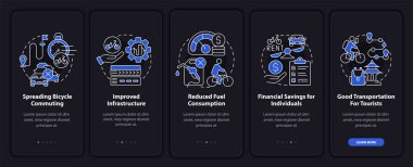 Mobil uygulama sayfası ekranında bisiklet paylaşımı avantajları. İyi bir ulaşım yürüyüşü. Kavramlarla birlikte 5 adımlık grafik talimatlar. UI, UX, doğrusal gece kipi çizimleri ile GUI vektör şablonu