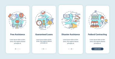 Mobil uygulama ekranındaki iş için hükümet programları. Konseptlerle birlikte 4 aşamalı grafik talimatlar başlat. UI, UX, doğrusal renk çizimleri olan GUI vektör şablonu