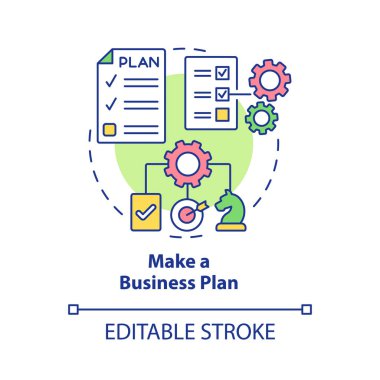 İş planı konsepti simgesi yap. Başarılı bir başlangıç başlatılması. Ürünün soyut ve ince çizgi çizimlerini tanıtma stratejisi. Vektör izole edilmiş dış hat renk çizimi. Düzenlenebilir vuruş