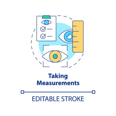 Ölçüm konsepti simgesi alınıyor. Tıbbi testler ve hazırlıklar. Lazer ameliyatından önceki göz ölçüleri soyut fikir ince çizgisi çizimi. Vektör izole edilmiş dış hat renk çizimi. Düzenlenebilir vuruş