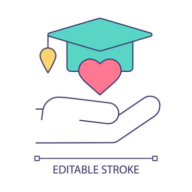 Eğitim gönüllüsü RGB renk simgesi. Bağış yaparak ilkokulu destekleyin. Eğitimsel yardım, öğrencilere özel ders konsepti için yardım. İzole vektör çizimi. Basit doldurulmuş çizgi çizimi