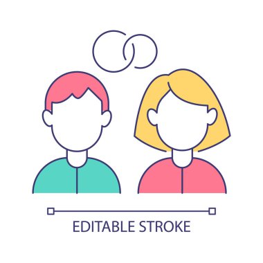 Evli çift birlikte RGB renk ikonu. Ailede erkek kadın model rolü. İlişkiye katılım, eş sosyal konumu. İzole vektör çizimi. Basit doldurulmuş çizgi çizimi