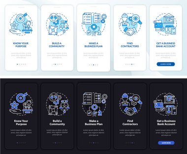 Mobil uygulama sayfası ekranında iş başlatma ipuçları. Başlangıç yürüyüşü kavramlarla birlikte 5 adım grafik talimatlar. UI, UX, GUI vektör şablonu doğrusal gece ve gündüz kip çizimleri