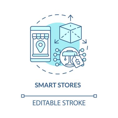 Akıllı mağazalar mavi konsept simgesi. Müşteri hizmetlerinin modern teknolojisi. Çevrimiçi alışveriş organizasyonu soyut fikir ince çizgi çizimi. Vektör izole edilmiş dış hat renk çizimi. Düzenlenebilir vuruş