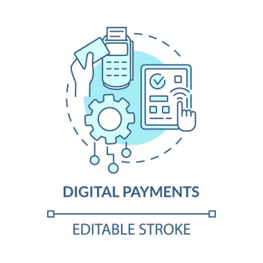 Dijital ödemeler mavi konsept ikonu. Güvenli online bankacılık sistemi. İnternet alışverişi ve ödeme soyut fikir ince çizgili illüstrasyon. Vektör izole edilmiş dış hat renk çizimi. Düzenlenebilir vuruş