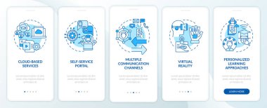 Mobil uygulama ekranında eğitim dijitalleşmesi. Teknoloji, kavramlarla birlikte 5 aşamalı grafik talimatları inceliyor. UI, UX, doğrusal renk çizimleri olan GUI vektör şablonu