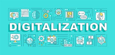 Dijitalleştirme kelimesi afişi kavramsallaştırır. Kamu hizmetlerinin modern teknolojisi. Yeşil arkaplanda doğrusal simgeleri olan bilgi grafikleri. İzole edilmiş yaratıcı tipografi. Metin ile vektör ana hatları renk illüstrasyonu