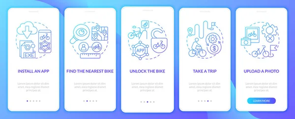 Bike Share Guide Onboarding Mobile App Page Screen Unlocking Bicycle — Stock Vector