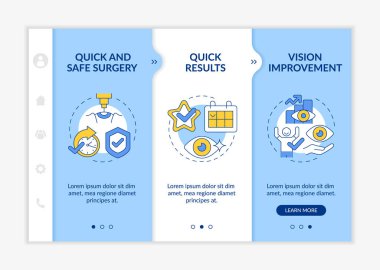 Lazer göz ameliyatı mavi vektör şablonu. Güvenli ve güvenilir bir yöntem. Simgeli ilgili mobil web sitesi. Web sayfası gezintisi 3 adım ekranı. Doğrusal illüstrasyonlu mavi renk kavramı