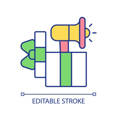 Hediye kutusu ve megafon RGB renk simgesi. Müşterilere indirim ve indirim. Tavsiye programı, iş ortakları. İzole vektör çizimi. Basit bir çizgi çizimi. Düzenlenebilir vuruş