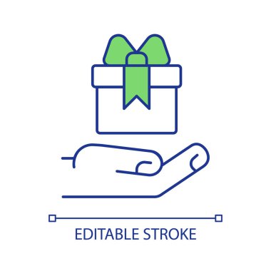 Elinde fiyonk olan hediye kutusu RGB renk simgesi. Bayram etkinliği için hazır. Sürpriz yapmak ve almak. İzole vektör çizimi. Basit bir çizgi çizimi. Düzenlenebilir vuruş