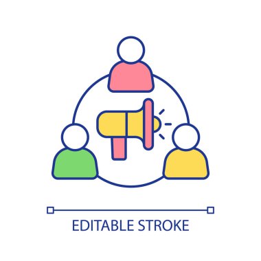İnsanları RGB renk simgesi hakkında bilgilendiriyorum. Megafon ve seyirci çemberi. Sosyal medya reklam pazarlama stratejisi. İzole vektör çizimi. Basit bir çizgi çizimi. Düzenlenebilir vuruş