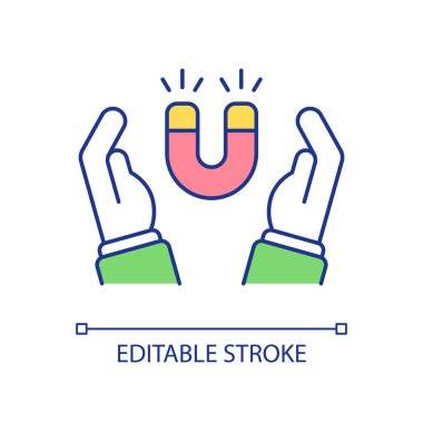 Mıknatıs RGB renk simgesi olan eller. Yeni müşteriler, yatırımlar, iş ortakları. Eğitim ve bilim ürünleri. İzole vektör çizimi. Basit bir çizgi çizimi. Düzenlenebilir vuruş