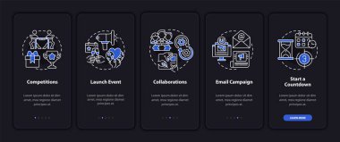 Mobil uygulama sayfası ekranında ticari ipuçlarına dikkat çekiliyor. Başlangıç yürüyüşü kavramlarla birlikte 5 adım grafik talimatlar. UI, UX, doğrusal gece kipi çizimleri ile GUI vektör şablonu