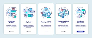 Mobil uygulama sayfasında sağlık hizmetlerinin dijital hale getirilmesi. Tıp, kavramlarla birlikte 5 adımda grafik talimatlar verir. UI, UX, doğrusal renk çizimleri olan GUI vektör şablonu