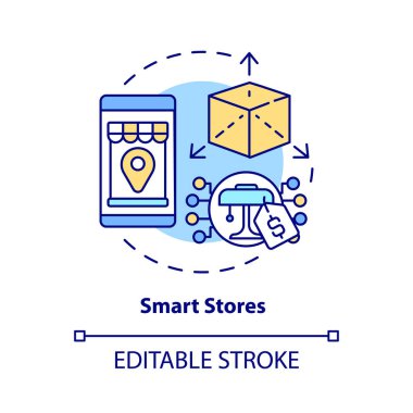 Akıllı mağazaların konsept simgesi. Müşteri hizmetlerinin modern teknolojisi. Çevrimiçi alışveriş organizasyonu soyut fikir ince çizgi çizimi. Vektör izole edilmiş dış hat renk çizimi. Düzenlenebilir vuruş