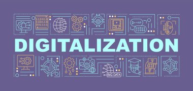 Dijitalleştirme kelimesi afişi kavramsallaştırır. Kamu hizmeti teknolojisi. Mor arkaplanda doğrusal simgeleri olan bilgi grafikleri. İzole edilmiş yaratıcı tipografi. Metin ile vektör ana hatları renk illüstrasyonu