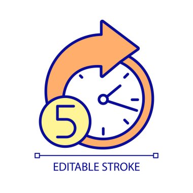 Saat RGB renk simgesi. Saatin kaç olduğunu okuyorum. Kronometre ve zaman ölçümü. Beş dakika geri sayım zamanı. İzole vektör çizimi. Basit bir çizgi çizimi. Düzenlenebilir vuruş