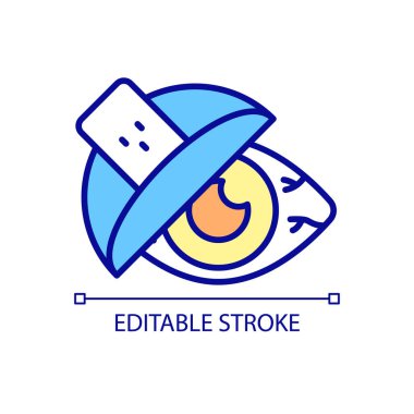 Hijyen RGB renk ikonu için göz temizleme. İyileşmenin ilk aşamalarında göz doktoru, gözün üzerine açık bir kalkan yerleştirir. İzole vektör çizimi. Basit bir çizgi çizimi. Düzenlenebilir vuruş