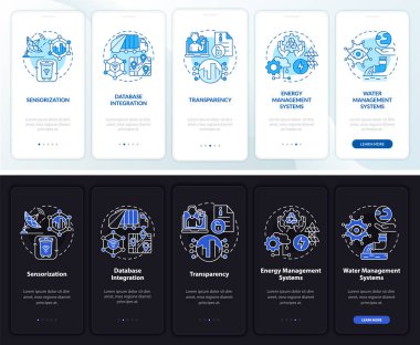 Şehir yönetimi mobil uygulama sayfası ekranında dijital hale getirildi. Teknoloji 5 aşamalı grafik talimatlar ve kavramlar. UI, UX, GUI vektör şablonu doğrusal gece ve gündüz kip çizimleri
