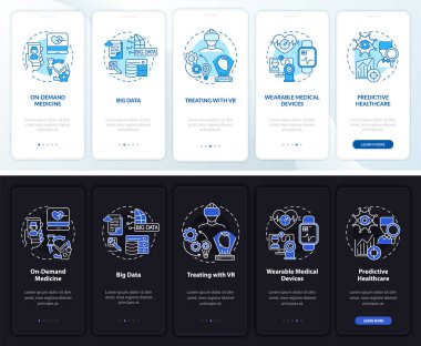 Mobil uygulama sayfası ekranında sağlık hizmetleri dijital servisi. Tıbbi araştırmalar, kavramlarla birlikte 5 aşamalı grafik talimatlar. UI, UX, GUI vektör şablonu doğrusal gece ve gündüz kip çizimleri