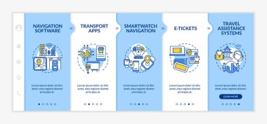 Toplu taşıma hizmeti dijital yükleme vektör şablonu. Simgeli ilgili mobil web sitesi. Web sayfasında 5 basamaklı ekranlar. Doğrusal illüstrasyonlu yolcu aracı renk kavramı