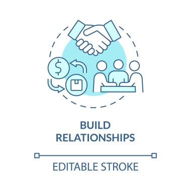 İlişki turkuvaz mavi konsept simgesi oluşturun. Dağıtım işine başlıyorum. Ticari ortakları, soyut fikir ince çizgi illüstrasyonunu seçin. Vektör izole edilmiş dış hat renk çizimi. Düzenlenebilir vuruş