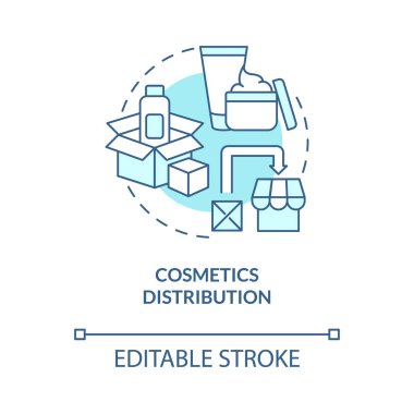 Kozmetik dağıtımı turkuvaz mavi konsept ikonu. Güzellik ve sağlık ürünleri. Toptan iş, soyut fikir, ince çizgi çizimi. Vektör izole edilmiş dış hat renk çizimi. Düzenlenebilir vuruş