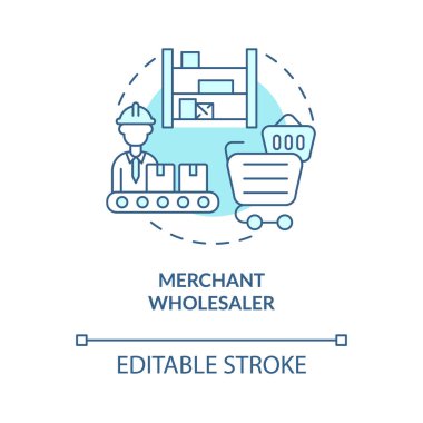 Tüccar toptancısı turkuaz mavi konsept ikonu. Ticaret ve lojistik. Dağıtım şirketinin iş hizmeti fikri soyut ince çizgi çizimi. Vektör izole edilmiş dış hat renk çizimi. Düzenlenebilir vuruş